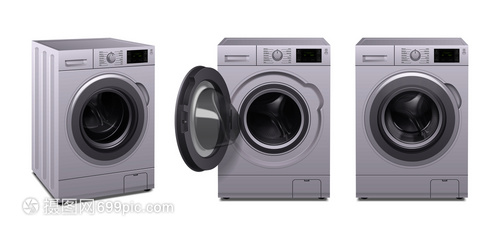 家用电器中的现代美学 三款洗衣机的逼真矢量图标设计